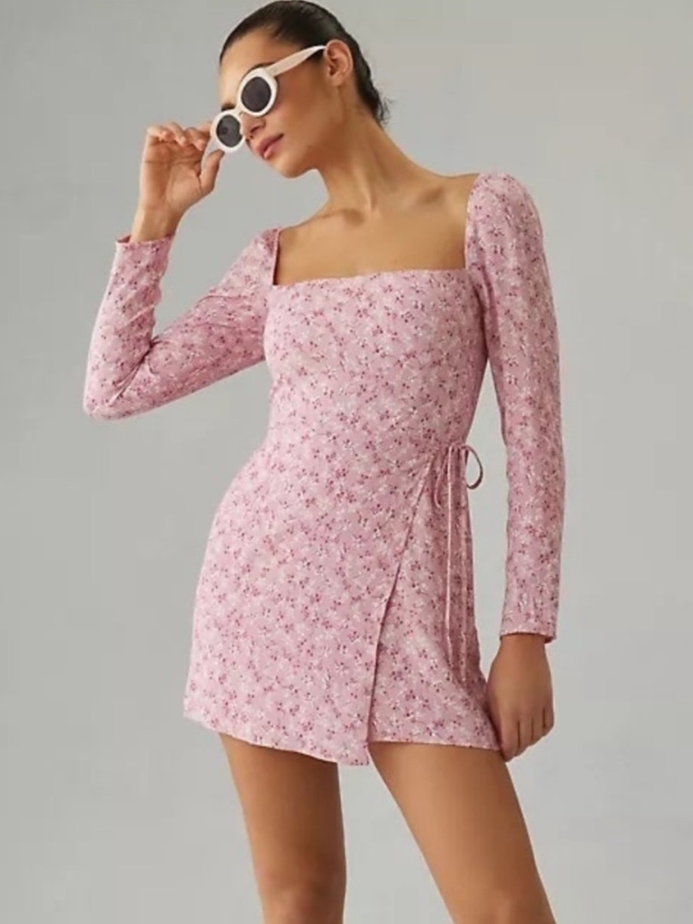 Reformation Rosalie Women's Pink Floral Square-Neck Long Sleeve Mini Dress